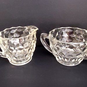 Vtg Cube Jeanette Glass Clear Cubist Pattern Sugar Bowl Creamer Depression